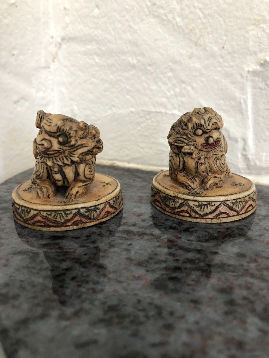 Pair Of Chinese Ivory Carvings "fo Dogs" - Okimono-photo-3