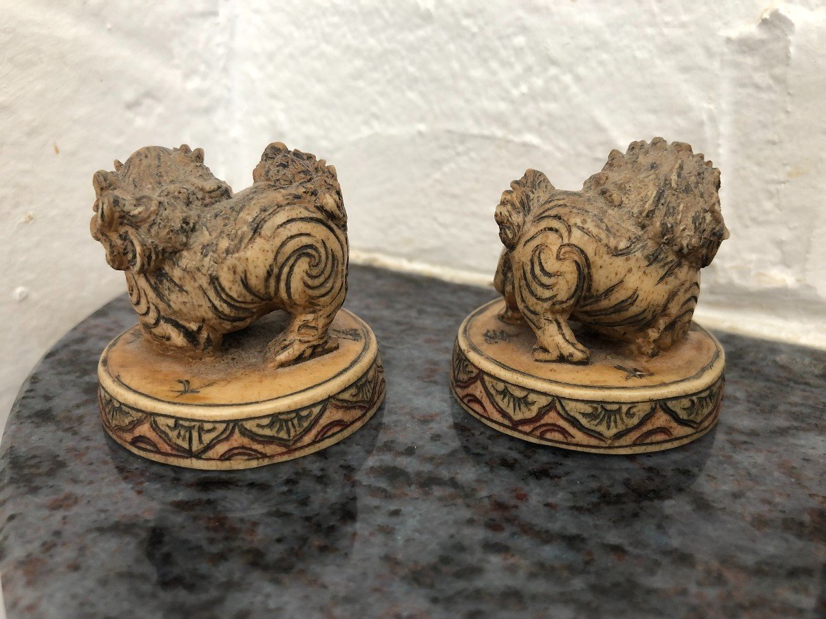 Pair Of Chinese Ivory Carvings "fo Dogs" - Okimono-photo-4