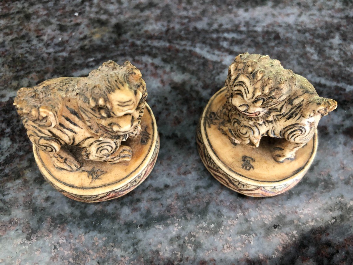 Pair Of Chinese Ivory Carvings "fo Dogs" - Okimono-photo-2