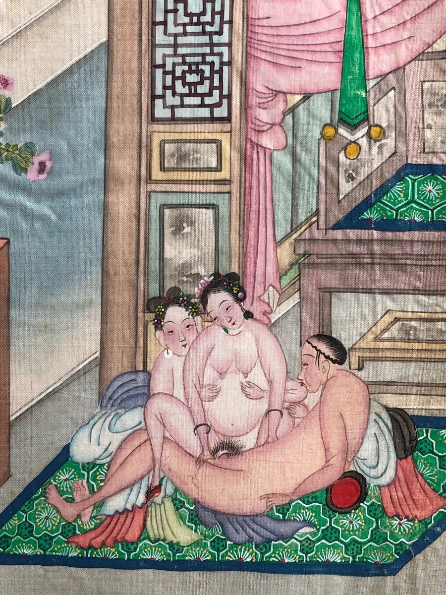 Album érotique Chinois En Accordéon 12 Aquarelles Sur Soie époque Début XIXème  