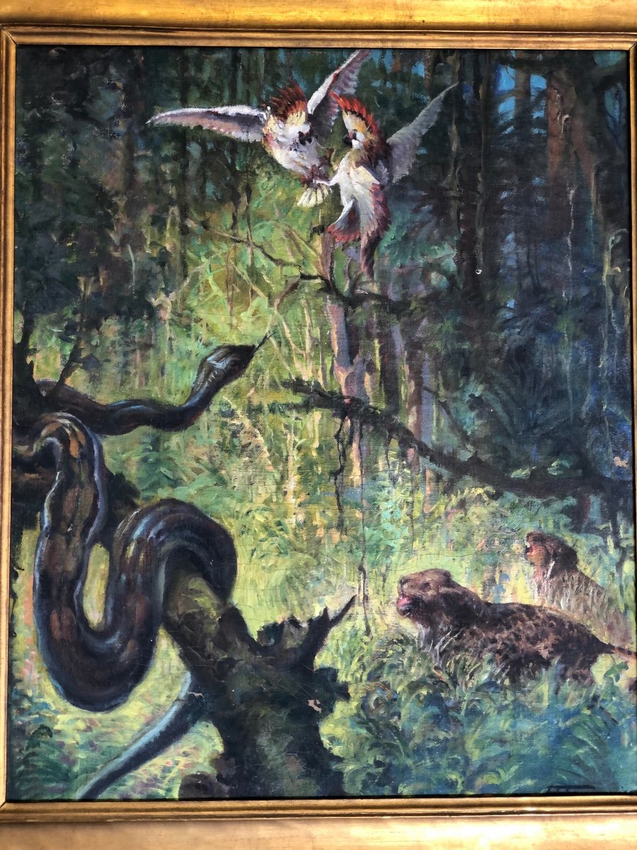Peinture Huile Sur Toile « jungle » Signé Fauconnier Daté 1946-photo-4