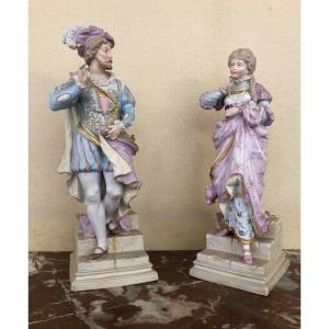 Pair Of Polychrome Biscuit Subjects Renaissance Style Characters
