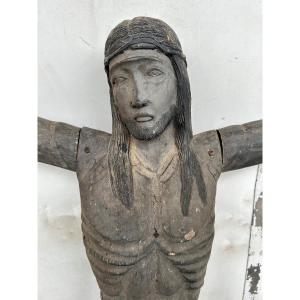 Grand Christ En Bois Sculpté - Amérique Du Sud Vers 1940-50  H 134 Cm