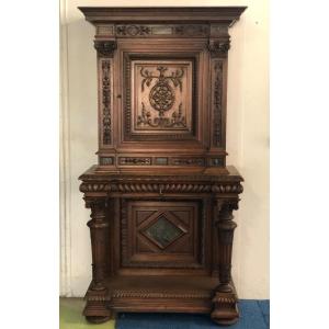 Credenza- Buffet- Neo-renaissance Cabinet In Walnut Inlaid With Marble XIXth Century