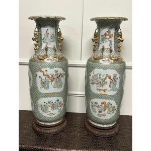 Large Pair Of Canton Porcelain Vases - China XIXth Century H 62 Cm