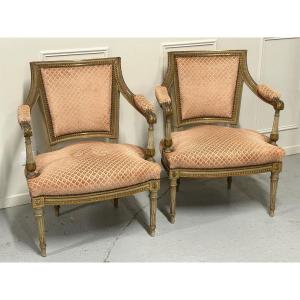 Pair Of Louis XVI Style Armchairs In Lacquered And Gilded Wood Late Nineteenth