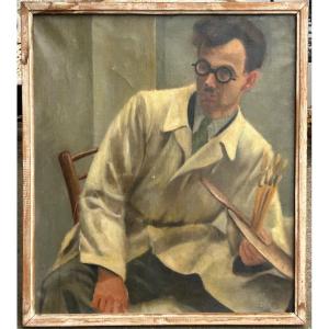 Painting On Canvas - Self Portrait Painting Of A Painter From The 1940s-50s