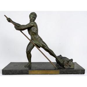 Large Art Deco Bronze "force" Unsigned H 59 X W 75 Cm