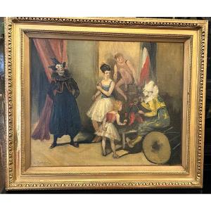 Jo Francoeur -: Oil On Canvas - "before The Circus Show" Circa 1900