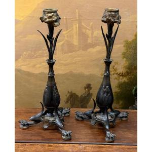 Pair Of Neoclassical Or Naturalist Bronze Candlesticks Signed Auguste Cain Claw Foot
