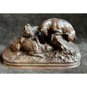 Pierre Jules Mène (1810-1879)" Trois Chiens Au Terrier" Bronze d'Edition Ancienne