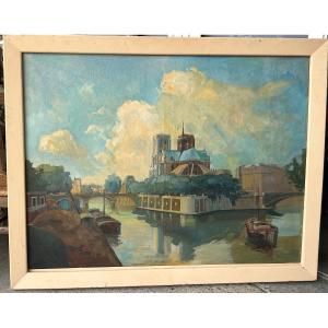 Notre Dame De Paris Cathedral - Large Oil On Canvas Circa 1940 - H 112 X W 142 Cm