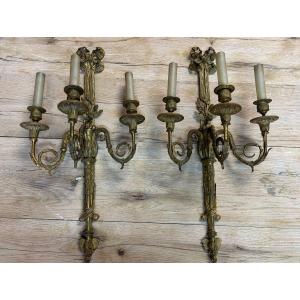 Large Pair Of Louis XVI Style Sconces In Gilt Bronze From The Napoleon III Period - H 69 Cm