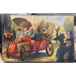 Les Vielles Voitures - Huile Sur Toile Tableau De J Mint - Renault 1902