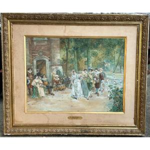 Large Watercolor Signed F Perriot Dated 1894 After Adrien Moreau “le Minuet”