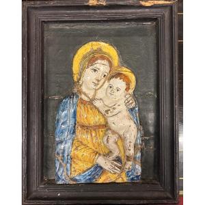 Plaque De Dévotion En Céramique Polychrome Vierge à L’enfant Romagne Italie Début XVIIIème