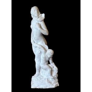 Vénus Et Cupidon Importante Sculpture En Marbre Taille Directe époque Art Déco H 75 Cm