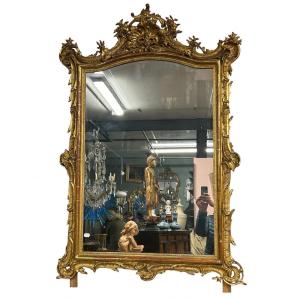 Mirror - Louis XV Style Mirror In Wood And Golden Stucco Late 19th Century H 153 L 102 Cm