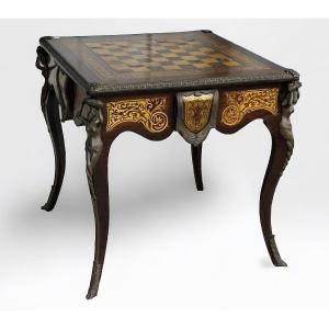 Table à Jeux De Style Louis XV Napoléon III Marqueterie Boulle D’époque XXème Siècle 