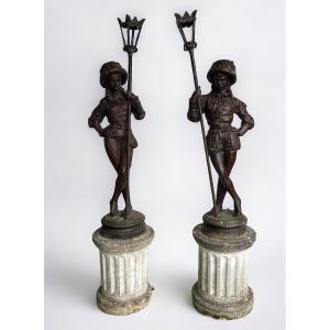 Pair Of “halberdier” Torchieres In Cast Iron 20th Century Garden Decoration H 163 Cm