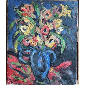 Pierre Ambrogiani (1906-1985) Huile Sur Toile - Bouquet De Fleurs Au Vase Bleu 
