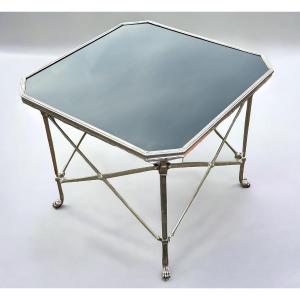  Table Bout De Canapé  En Bronze Argenté De Style Néoclassique Et Opaline Noire Vers 1970