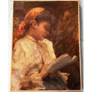 Tableau -  Peinture Orientaliste Jeune Fille à La Lecture Début XXéme 