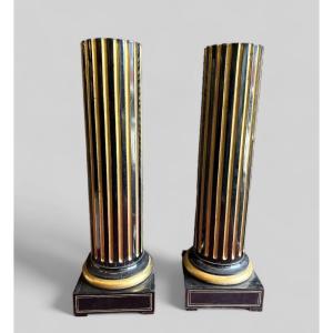 Rare Pair Of Sheaths - Truncated Columns From Napoleon III Period Lacquered Wood And Brass H 144 Cm