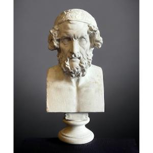 Large Bust Of Homer Greek Philosopher In Plaster From The 19th Century. H 66 Cm