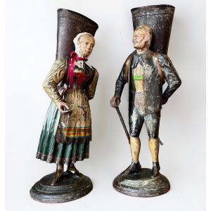 Rare Pair Of Figurative Vases In Painted Sheet Metal - Switzerland Late 18th Century Early 19th Century - Empire 