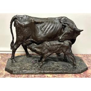 Pierre-jules Mène ( 1810-1879) Vache Et Son Veau  - Sculpture En Bronze XIXéme