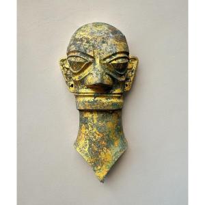 Large Gilt Bronze Head Archaic Chinese Excavation Style From Sanxingdui Height 50 Cm