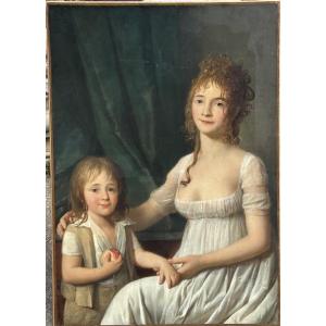 Portrait Of A Woman And Her Son, Directoire Period - Empire - H 92 Cm - Oil On Canvas 