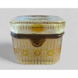 Rare Yellow Bohemian Crystal Box Souvenir From Baden, Late 19th Century