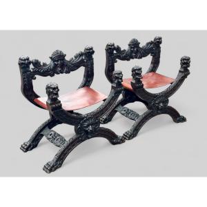Paire de fauteuils curules Dagobert en acajou de style renaissance fin XIXéme - fauteuil en X 