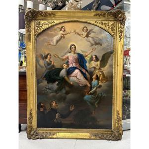 Important tableau huile sur toile représentant l’Assomption de Md Serpillon peint par E Mazaroz