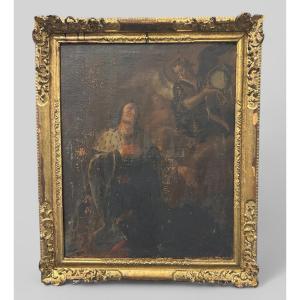 Antique Gilded Wooden Frame And Religious Painting, All From The Early 18th Century H 104cm 1/5 