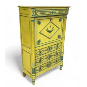 Directoire Period Secretary, Neoclassical Sculpture In Yellow And Green Lacquered Relief, Circa 1800