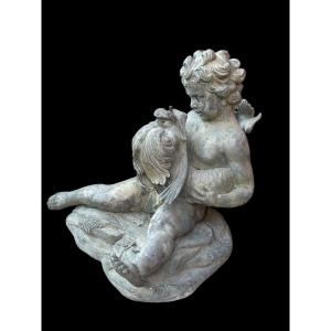 Fountain - Central Fountain In The Basin - Cupid And Dolphin Lead Sculpture From The 20th Century 