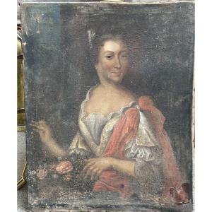 École Française portrait de femme d’époque début XVIIIème huile sur toile à restaurer 