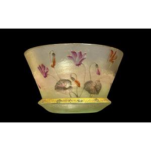 DAUM Nancy - Coupelle tronconique à décor de cyclamens - Art Nouveau - Pâtes de verre - Gallé