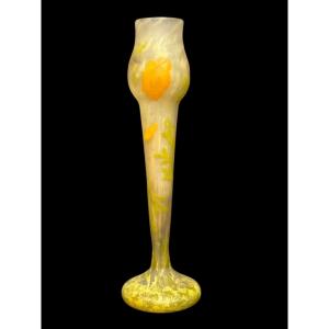 Daum Nancy Grand vase fuselé à décor à plaquette de coquelicots H 31cm pâte de verre - Gallé 