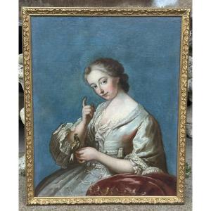 Portrait Of Jeanne-agnès Berthelot De Pléneuf (1698-1727), Marquise De Prie, Oil On Canvas, 18th Century