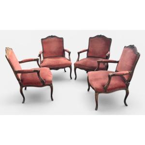 Suite Of Four Louis XV Style Flat-back Armchairs, Carved And Pegged Beech, Late 19th Century