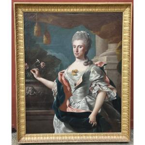 French School Late 17th Or Early 18th Century Portrait Of A Woman With A Vase Of Carnations Height 144 Cm