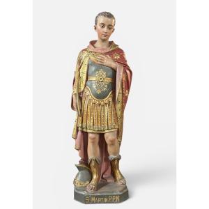 Importante sculpture d’église ou de chapelle en plâtre polychrome - Saint Martin 112 cm