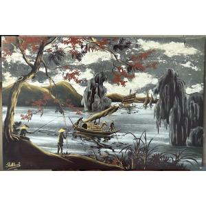 Panneau en laque du Vietnam signé PHATTHANH vers 1950 - Vietnamien - Indochine 