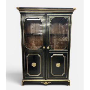 Black Lacquered Wood Bookcase Or Display Cabinet In The Louis XIV Style, Napoleon III Period