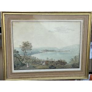 Vue d’un lac suisse ancien dessin et aquarelle époque fin XVIIIème ou début XIXéme H 53 x 67 cm