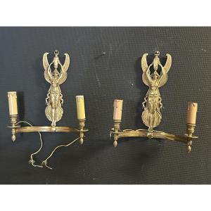 Pair Of Gilded Bronze Empire-style Wall Sconces From The Early 20th Century Featuring Winged Women